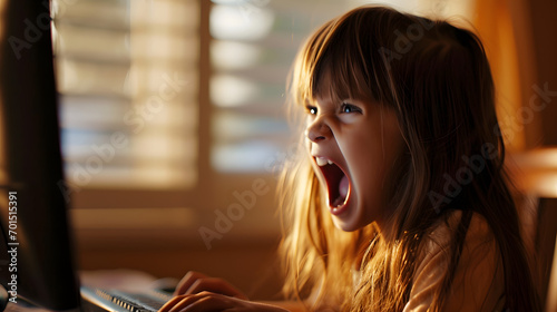 little girl screaming on a computer  photo