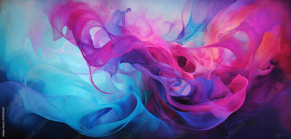 Whirls of vibrant fuchsia and aquamarine smoke dispersing gracefully, painting the air with an enchanting palette of colors.