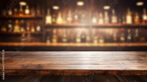  an empty wooden table in front of a bar with bottles on the shelves and lights on the wall in the background. photo