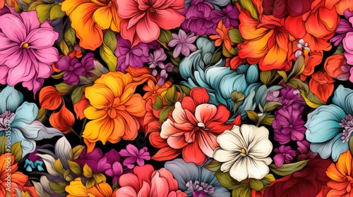  a bunch of colorful flowers that are on a black and white background with red, orange, pink, and blue flowers.