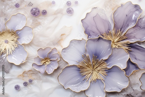Opalescent lilac and silver liquid marble fractal flowers unfolding amidst a shimmering gold resin geode landscape.