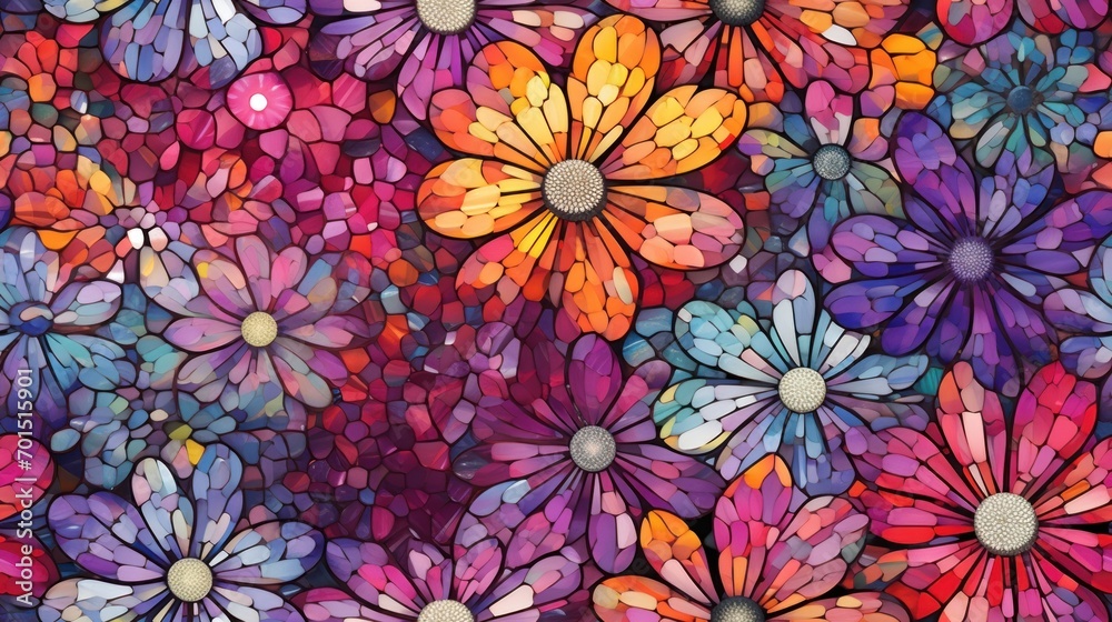 a close up of a painting of many different colors and sizes of flowers with a white center in the middle of the picture. a close up of a painting of many different colors and sizes of flowers with a white center in the middle of the picture.