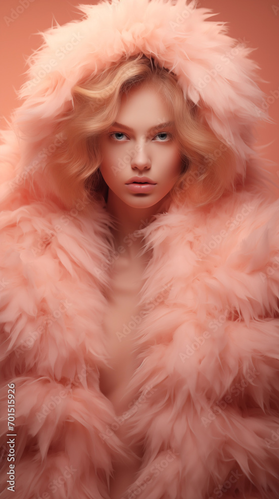 beautiful young woman with fluffy coat in trendy peach fuzz color, ai generated beautiful young woman with fluffy coat in trendy peach fuzz color, ai generated