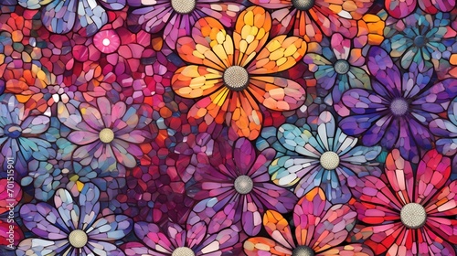  a close up of a painting of many different colors and sizes of flowers with a white center in the middle of the picture.