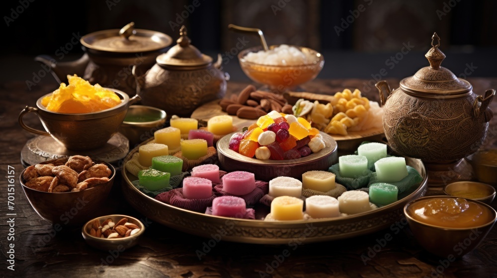 a platter filled with assorted candies and a variety of desserts next to bowls of nuts and a teapot. a platter filled with assorted candies and a variety of desserts next to bowls of nuts and a teapot.