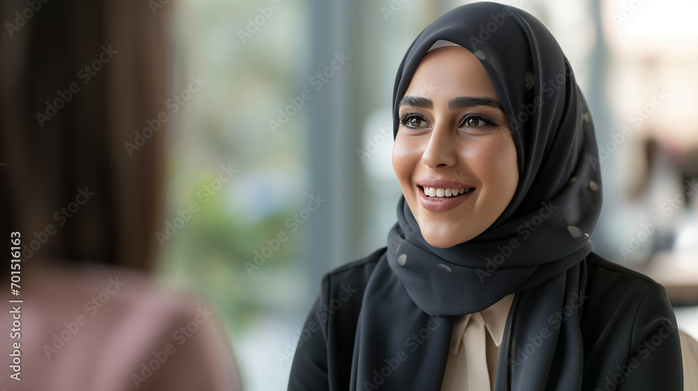 Muslim Business Woman in Hijab at Job Interview, Smiling Candidly in Office, Middle Eastern Professional Setting, Corporate Diversity and Inclusion Muslim Business Woman in Hijab at Job Interview, Smiling Candidly in Office, Middle Eastern Professional Setting, Corporate Diversity and Inclusion
