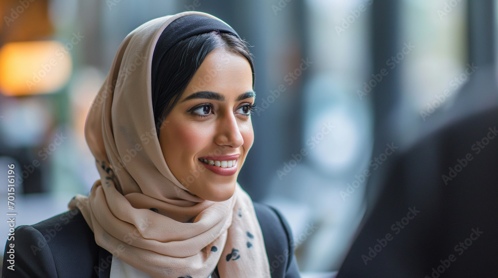 Muslim Business Woman In Hijab At Job Interview Smiling Candidly In Office Middle Eastern 
