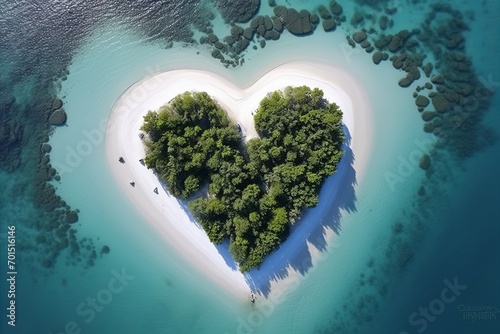 Aerial Shot of Heart-shaped Island. A Romantic Paradise with Lush Greenery and Crystal Clear Waters