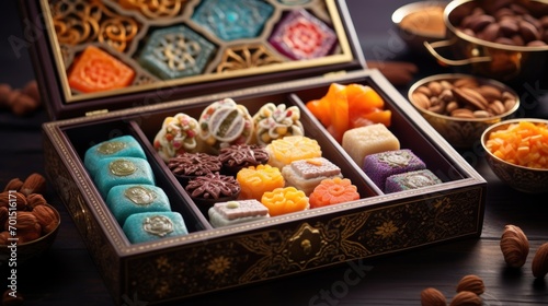  a wooden box filled with assorted candies and nuts next to a bowl of nuts and a bowl of almonds. © Anna