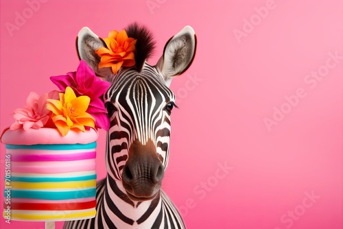 Vibrant Zebra with Birthday Decorations against Pastel Pink Background for Festive Celebration. Birthday Greeting Card.