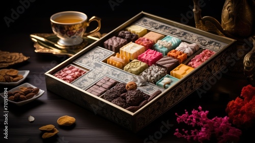  a box of assorted cookies next to a cup of tea and a plate of cookies on a wooden table.
