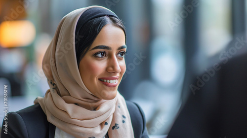 Muslim Business Woman in Hijab at Job Interview, Smiling Candidly in Office, Middle Eastern Professional Setting, Corporate Diversity and Inclusion © Michael