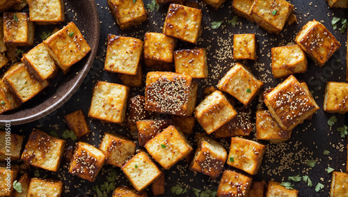 Fried tofu cheese with sesame seeds in the kitchen healthy