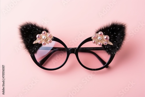 Trendy Chic Black Cat Eye Sunglasses with Fur and Beads Decorations for a Playful Look - Isolated on Vibrant Pink Background