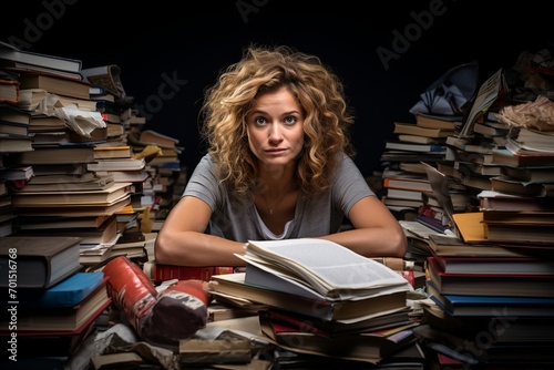 Overworked and Sleep-Deprived Young Woman Struggling to Keep up with a Towering Stack of Books