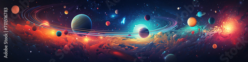A 3D cosmic scene with planets and comets made of colorful shapes.