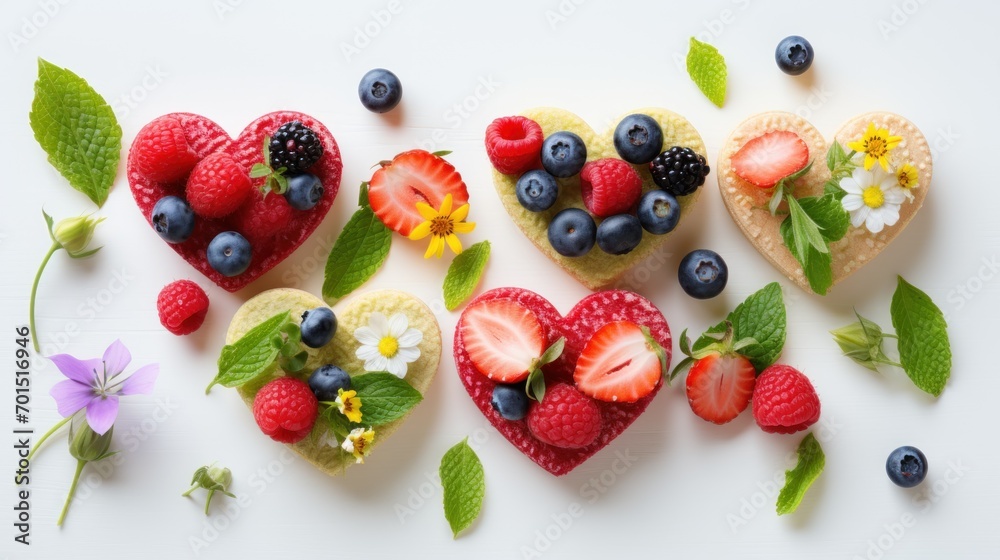a group of heart shaped pastries with berries and blueberries on them on a white surface with flowers and leaves. a group of heart shaped pastries with berries and blueberries on them on a white surface with flowers and leaves.