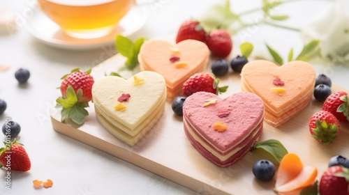  a couple of heart shaped cakes sitting on top of a cutting board next to berries and a cup of tea.
