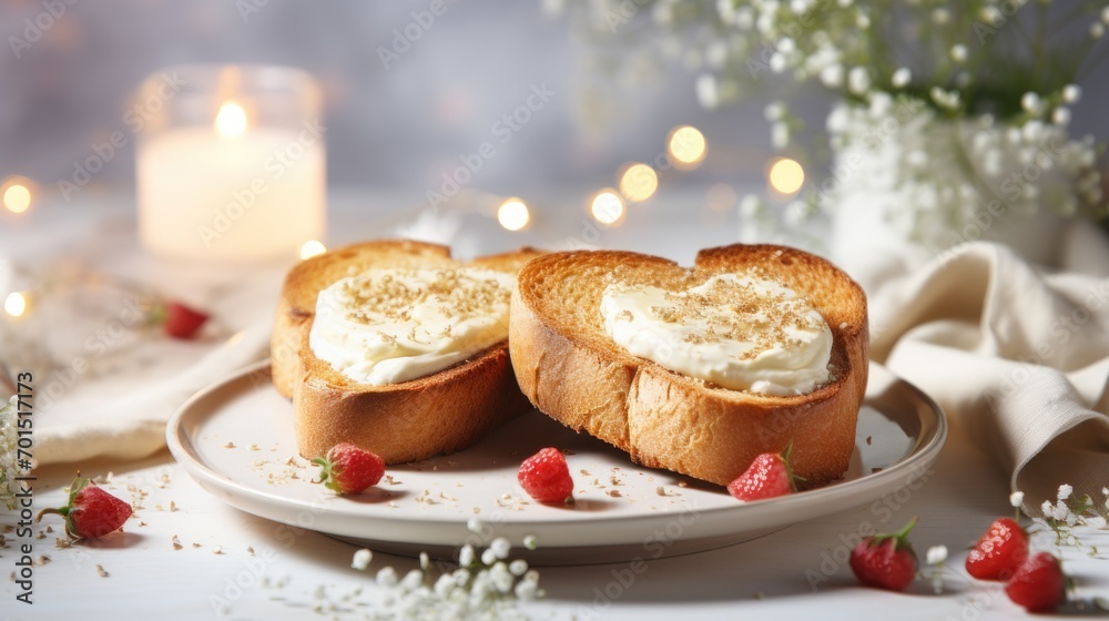 two pieces of toast with whipped cream and strawberries on a plate with a candle and flowers in the background. two pieces of toast with whipped cream and strawberries on a plate with a candle and flowers in the background.