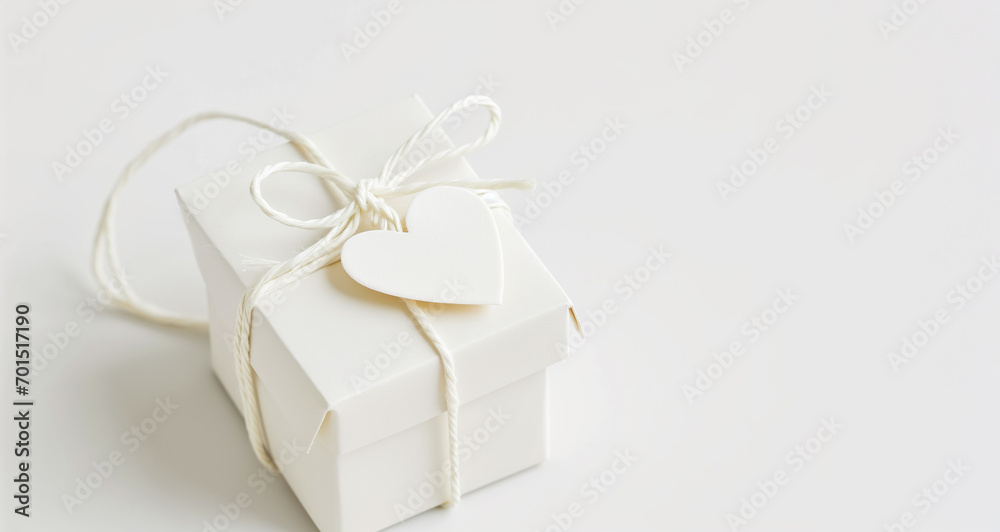 White Gift box and rope knot with blank heart-shaped tag for a Valentine's Day gift. Christmas, Saint Valentine, birthday shopping, sales and presents concept White Gift box and rope knot with blank heart-shaped tag for a Valentine's Day gift. Christmas, Saint Valentine, birthday shopping, sales and presents concept
