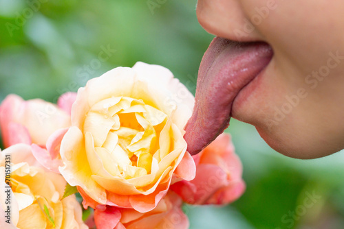 Sensual lips and tongue. Sensual mouth and tongue. Womans tongue sensuality licking. Sensual sexy beautiful female mouth with tongue sticking out. Close up of a woman sensual mouth. photo