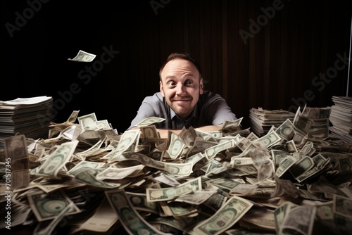 Happy Office Worker at a Cluttered Desk with Stacks of Dollar Bills in an Office Setting