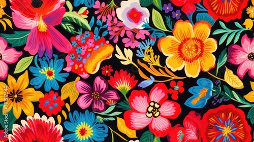  a close up of a flowery pattern on a black background with red  yellow  pink  and blue flowers.
