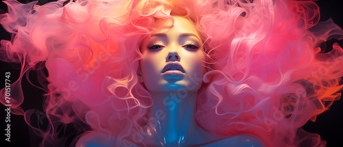Woman with pink floating smoke liquid fluid hair portrait  wide banner  Otherworldly Visions