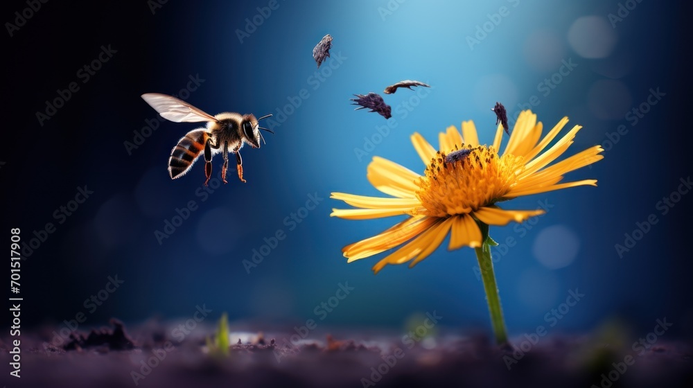 a bee flying over a yellow flower next to a bee flying towards a bee on top of a yellow flower. a bee flying over a yellow flower next to a bee flying towards a bee on top of a yellow flower.