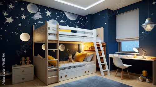 Interior Design. Stylish children's room. Desk with computer and laptop. Bed, floor lamp, ladder, toys, wardrobe, shelf. Carpet, parquet, tiles. Lighting on the wall, bright lighting. Blue walls, moon