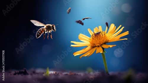  a bee flying over a yellow flower next to a bee flying towards a bee on top of a yellow flower.