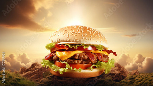 A giant hamburger with thick meat and melted cheese in the middle of the forest,,
A hamburger with a lot of cheese on it

 photo