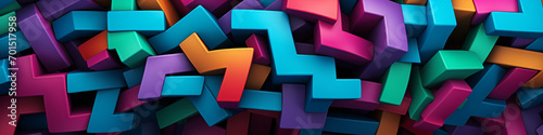A 3D puzzle of interlocking colorful shapes forming a complex pattern.