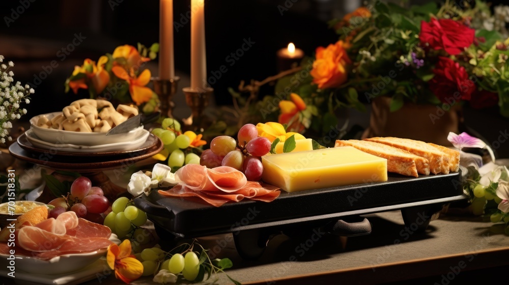  a platter of meat, cheese, and fruit on a table with a candle and flowers in the background.