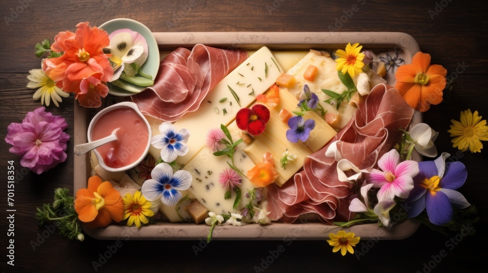  a platter of cheese, meats, and flowers on a wooden table with saucer and saucer.