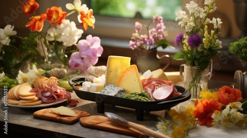  a variety of cheeses, meats, and flowers on a table with a vase of flowers in the background.