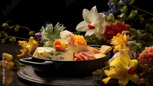  a close up of a pan of food on a table with flowers in the background and a vase of flowers in the foreground.