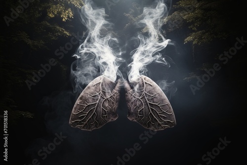 Illustration of pair of smoking-damaged lungs with chimney-like smoke billowing out