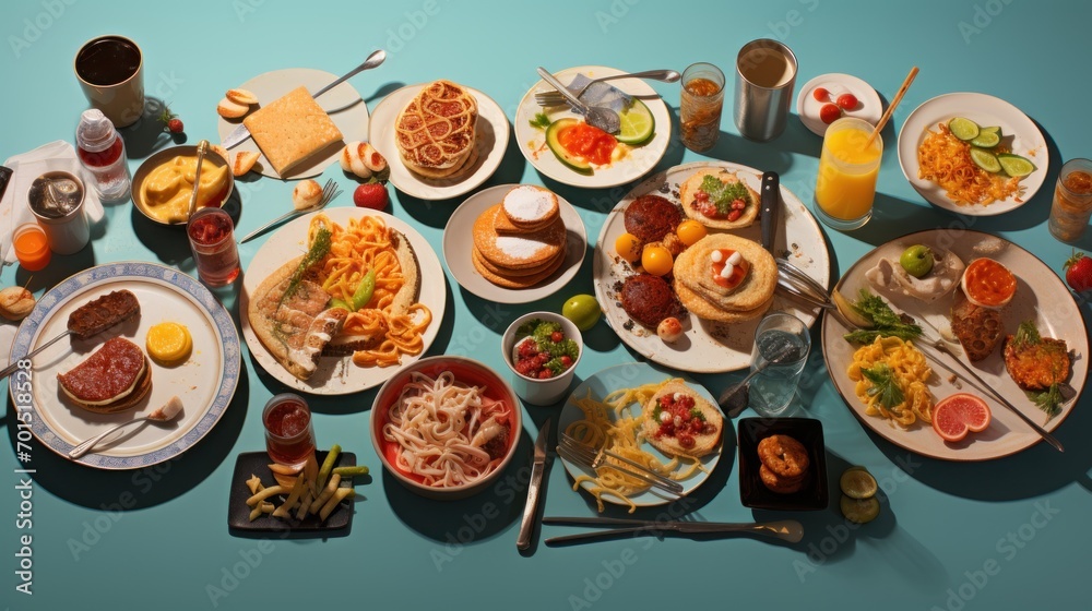 a blue table topped with lots of plates and bowls filled with different types of food next to drinks and utensils. a blue table topped with lots of plates and bowls filled with different types of food next to drinks and utensils.