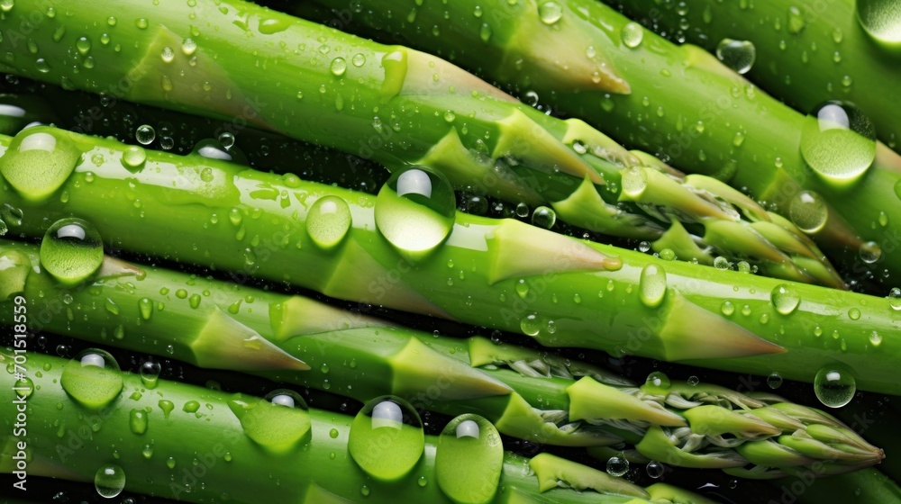 a close up of a bunch of green asparagus with drops of water on the top of the stems. a close up of a bunch of green asparagus with drops of water on the top of the stems.