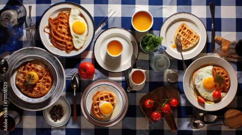  a table topped with plates of waffles, eggs, tomatoes, and other foods on top of a blue and white checkered table cloth.