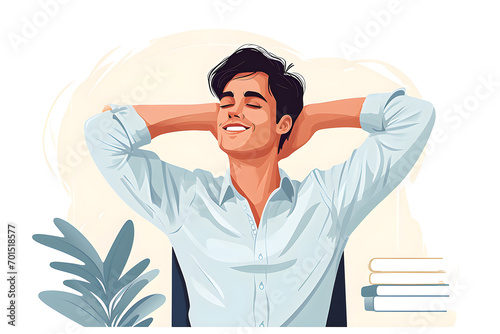 Flat vector illustration, relax success and businessman with finished work or project with his hands behind his head happy confidence and professional male person stretching his arms isolated by trans