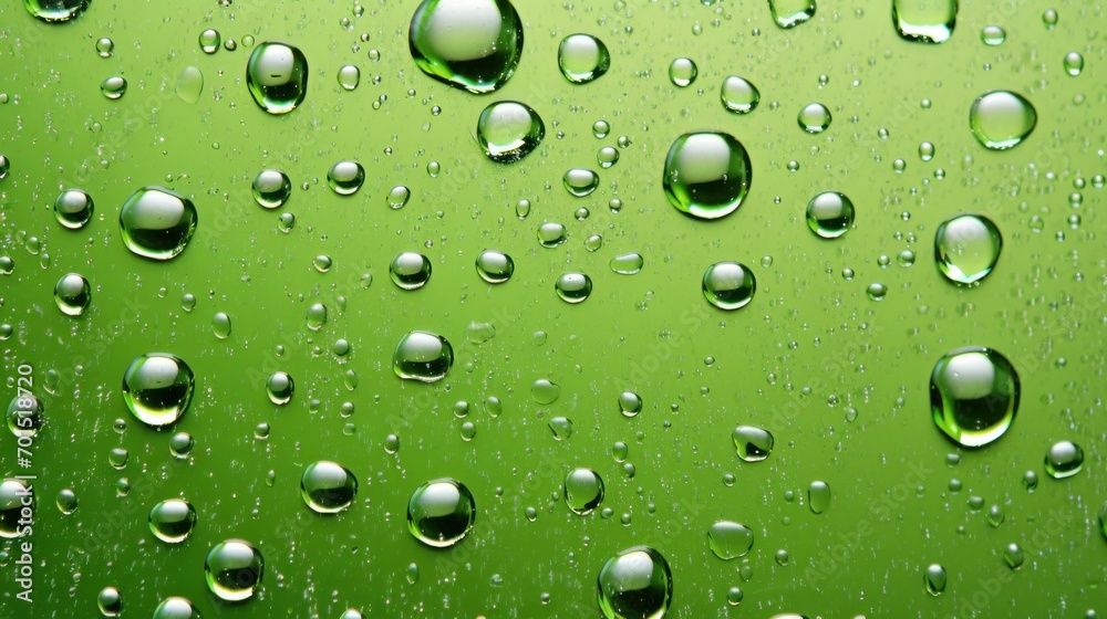 a close up of water droplets on a green surface with a light blue sky in the background and green grass in the foreground. a close up of water droplets on a green surface with a light blue sky in the background and green grass in the foreground.
