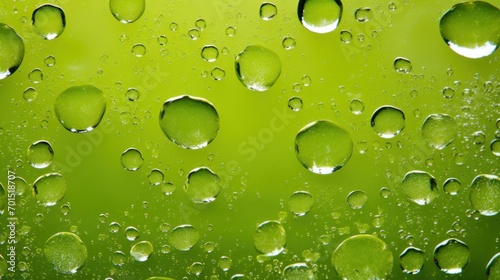  a close up of water droplets on a green surface with a light blue sky in the background and green grass in the foreground.