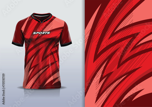 T-shirt mockup with abstract stripe line racing jersey design for football, soccer, racing, esports, running, in red color 