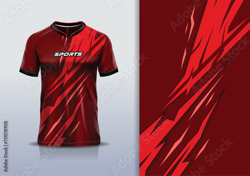 T-shirt mockup with abstract stripe line racing jersey design for football, soccer, racing, esports, running, in red color	