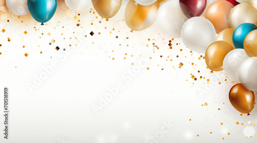 Fototapeta Bunch of balloons and confetti on white background with gold and blue streamers,, Party background design with copy space on 3d balloon vector illustration