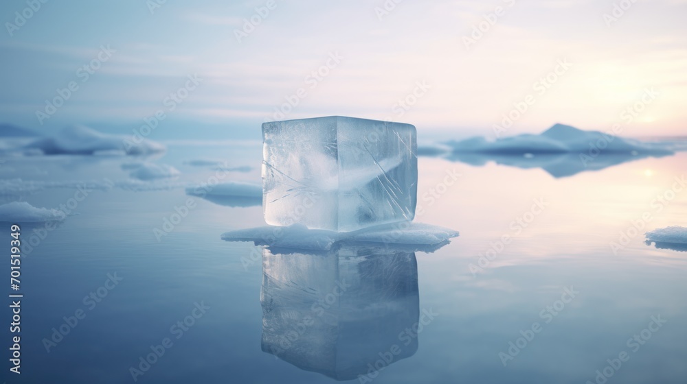an ice block floating on top of a body of water with icebergs floating in the water behind it. an ice block floating on top of a body of water with icebergs floating in the water behind it.