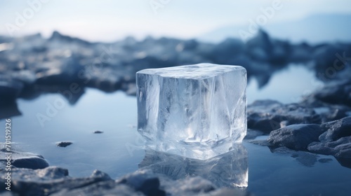  an ice block sitting on top of a body of water next to rocks and a body of water in the background.