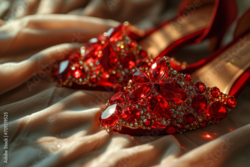 Fashionable red heel shoes with rhinestones photo